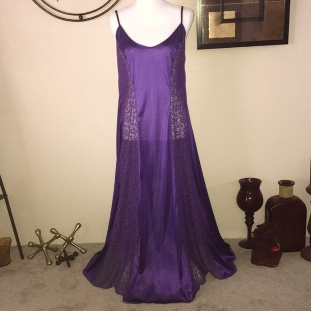 NWT Silky Purple Full Sweep Lace Panels Long Maxi Nightgown Slip Dress Lingerie